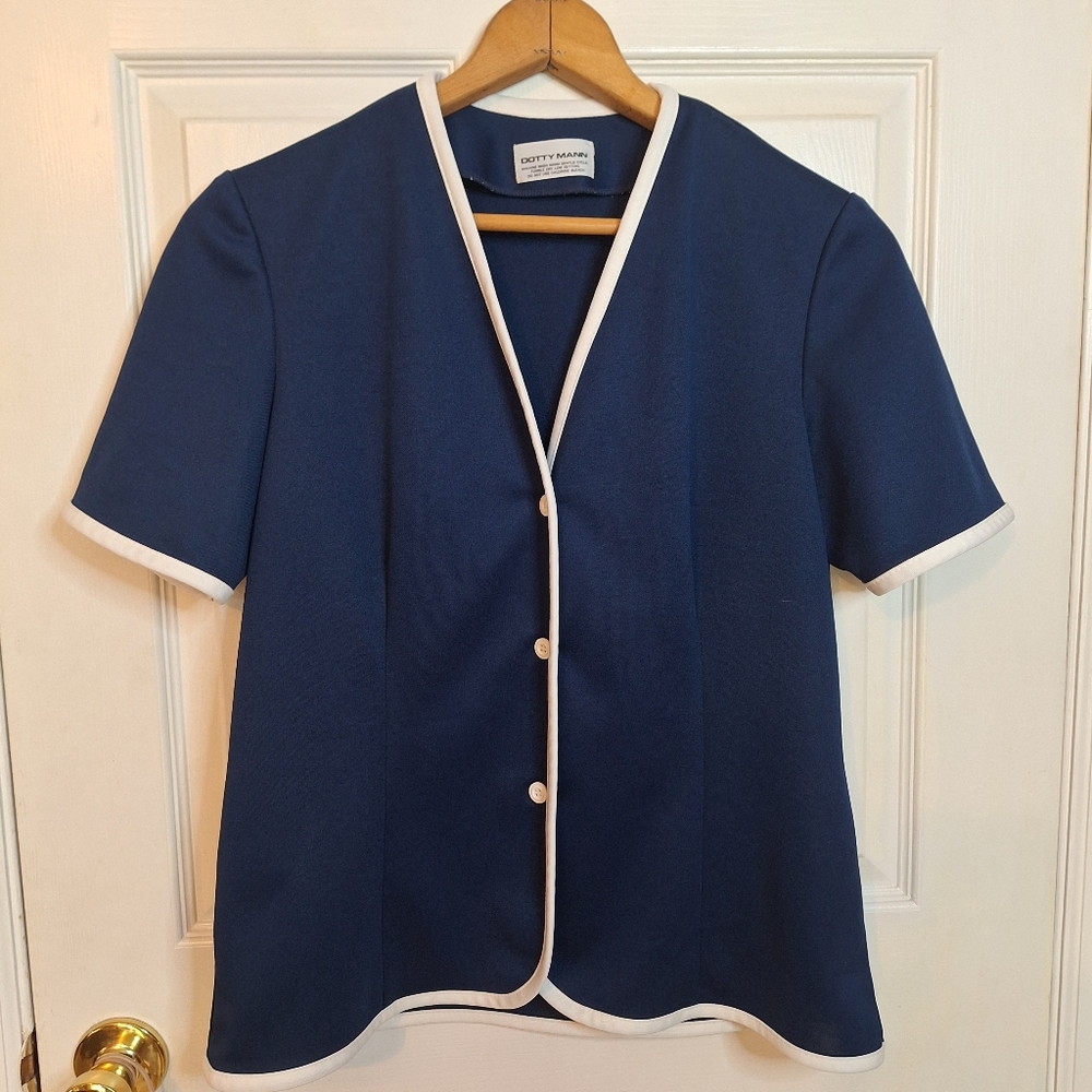 Dotty Mann Vintage Navy Blue White Short Sleeved Cardigan Nautical Coastal Sz M